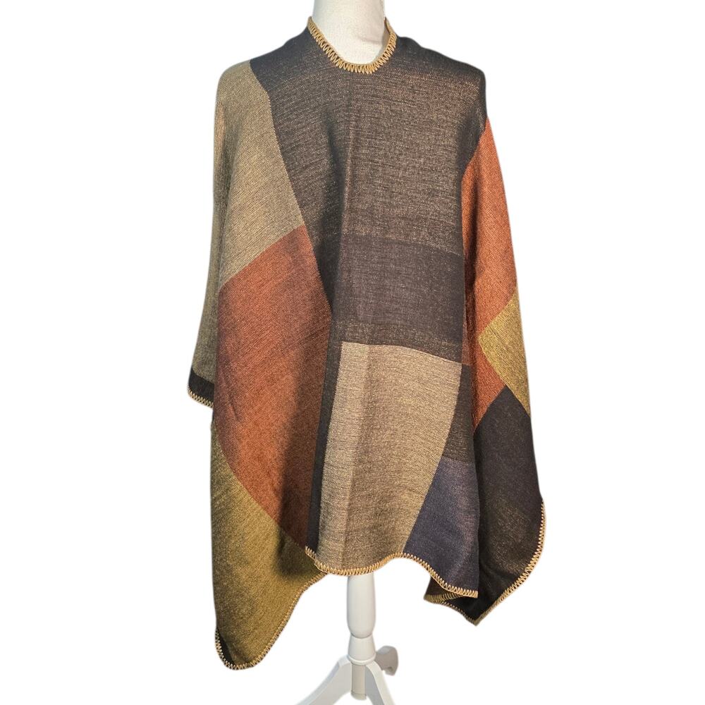 VTG 90s Wool Boho Patchwork Poncho Festival Blanket Shawl Wrap - Picture 5 of 11